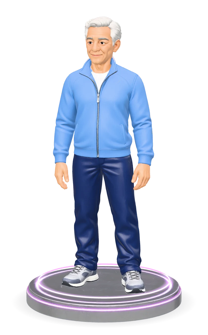 An illustration of an older man in a blue jacket, on a lit platform