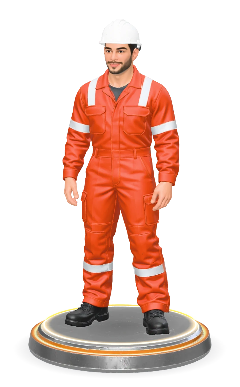 An illustration of a worker in orange overalls and a hard hat, on a lit platform