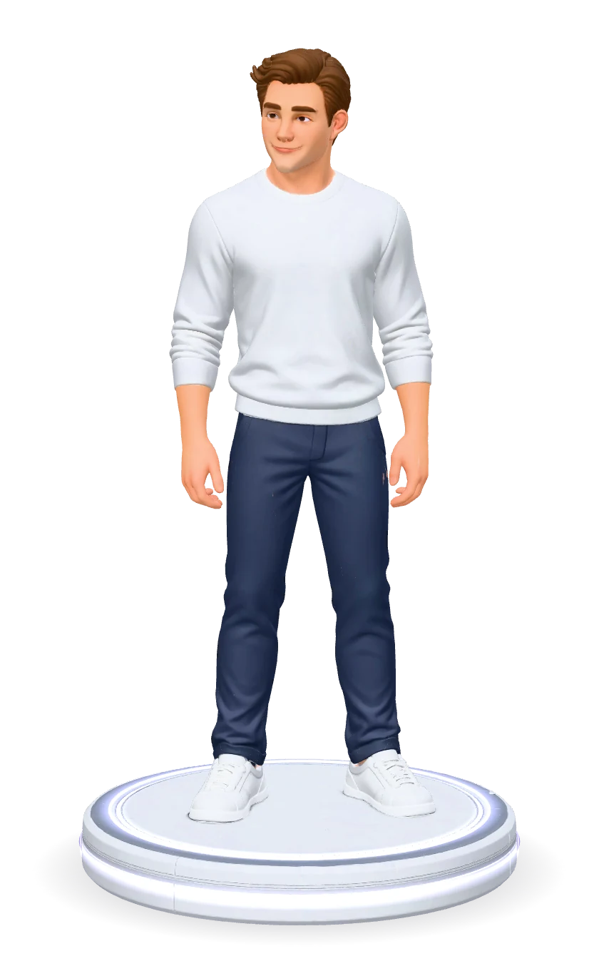 An illustration of a man in a white jumper, on a lit platform