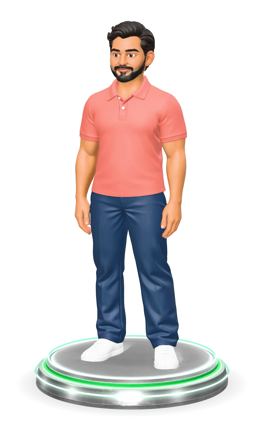 An illustration of a man in a coral polo shirt, on a lit platform