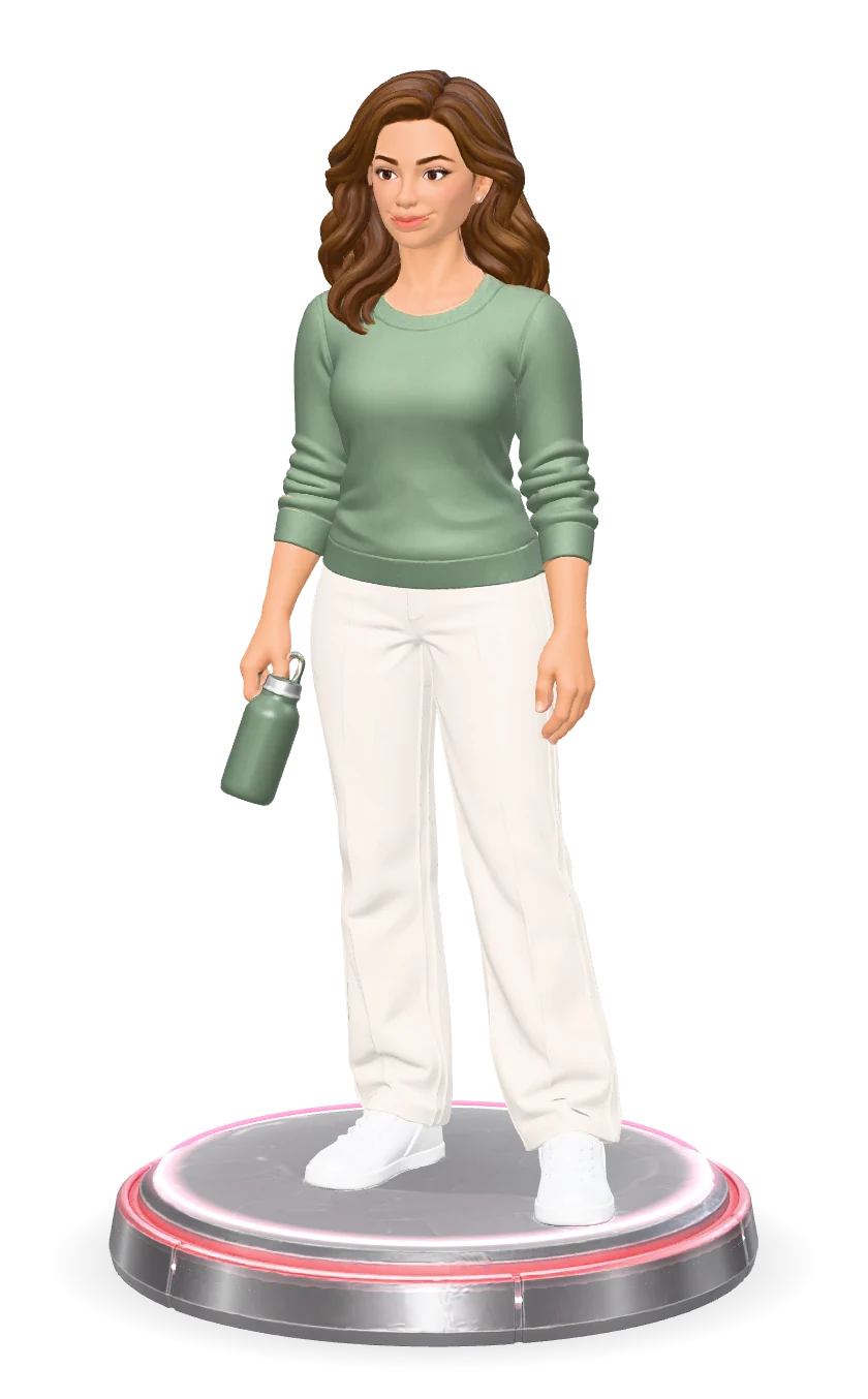 An illustration of a woman in a green jumper holding a water bottle, on a lit platform