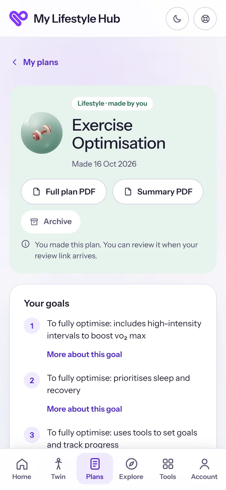 A plan in My Lifestyle Hub: its PDFs to keep, and the patient’s goals in their own words