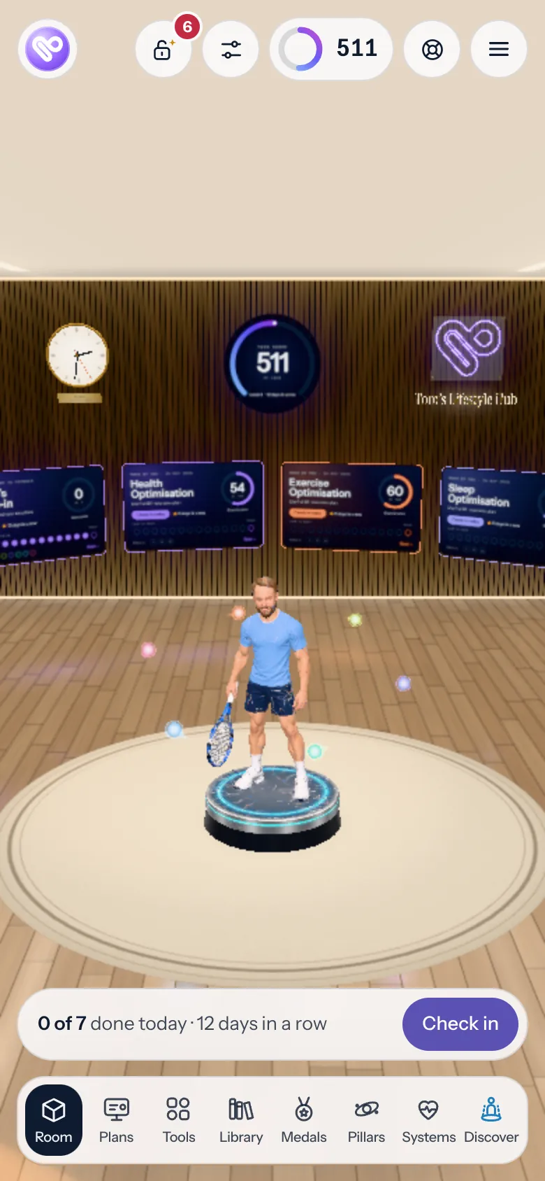 My Lifestyle Hub’s 3D room: the patient’s twin, racket in hand, on its pad among the six pillar orbs, with their plans on the wall