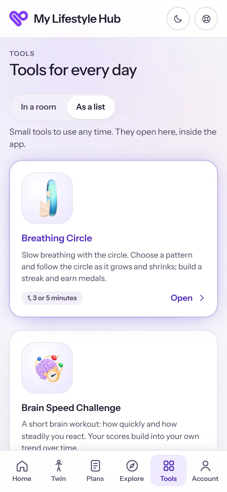 Tools for every day in My Lifestyle Hub: the Breathing Circle and the Brain Speed Challenge